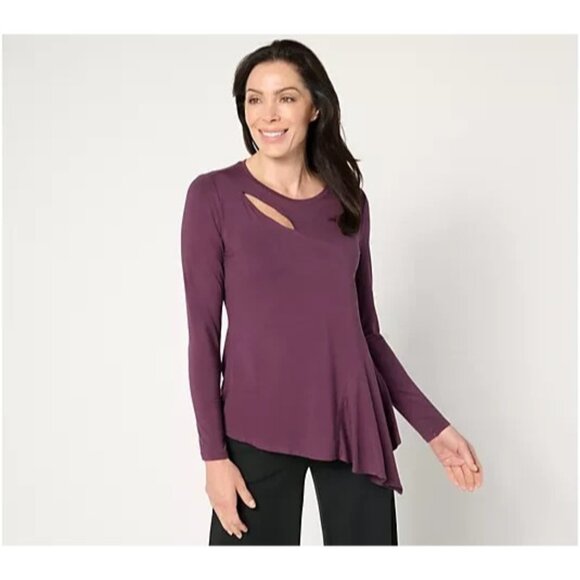 Peace Love World Asymmetrical Slash Detail Crew-Neck Top Plum Perfect,S A673007 - Picture 1 of 1